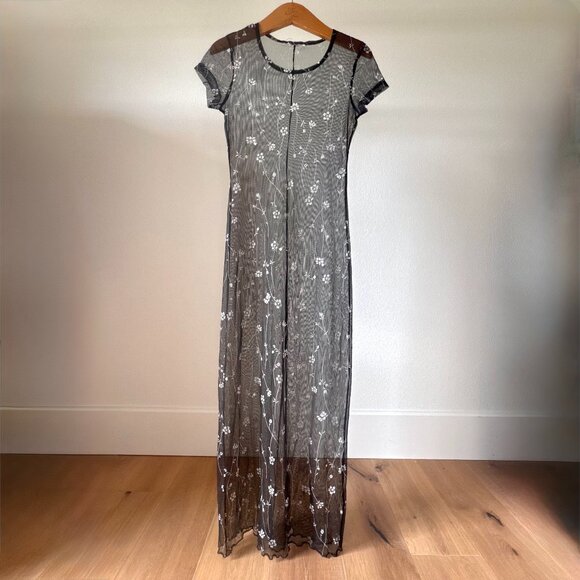 Sheer Floral Mesh Maxi Dress – Black White Overlay – XS/S – Y2K Grunge Layering - Picture 1 of 11